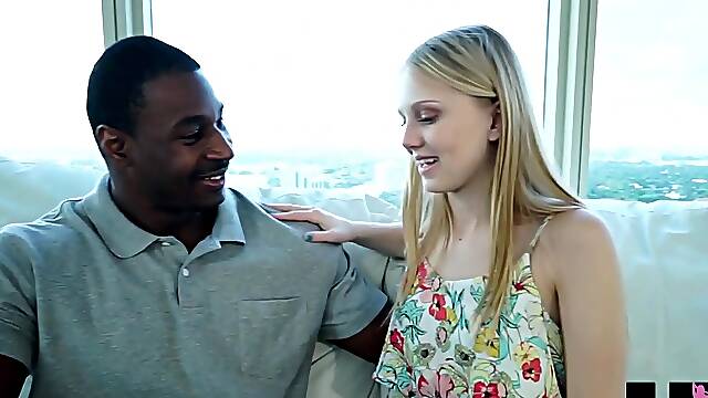 Big-dicked hunk ravages Lily's mouth in a steamy interracial BJ