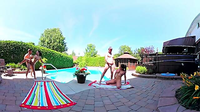 Sexy Shana and wild Heidi in a steamy bikini fling with a raunchy four-way orgy by the pool