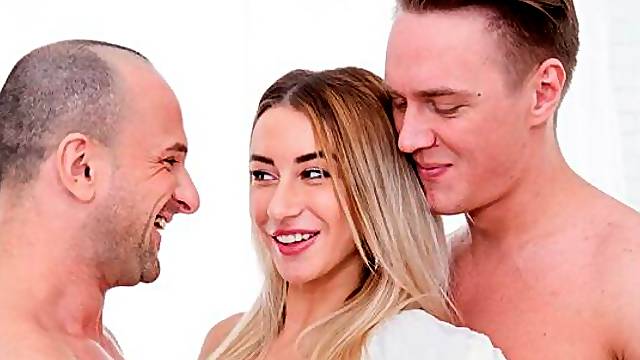 Russian blonde Katrin Tequila likes when tow guys fuck her holes