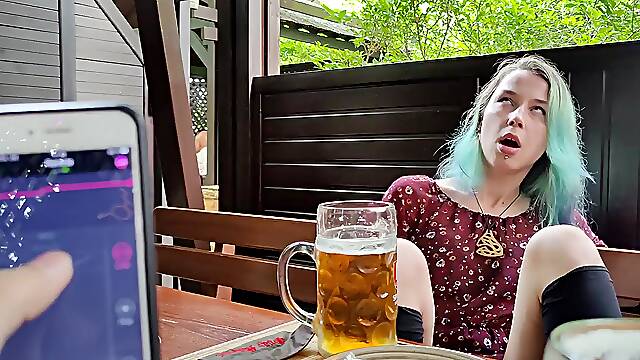 Kinky step siblings use remote control vibrator in public