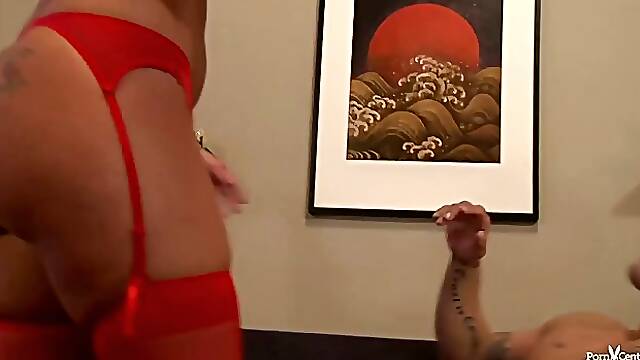 Racy milf in red lingerie, Richelle Ryan likes to feel warm cum all over her big tits