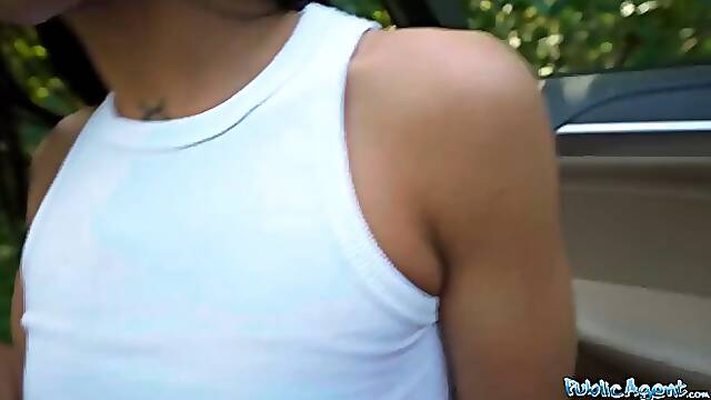 Young brunette babe gets fucked by horny driver after flashing