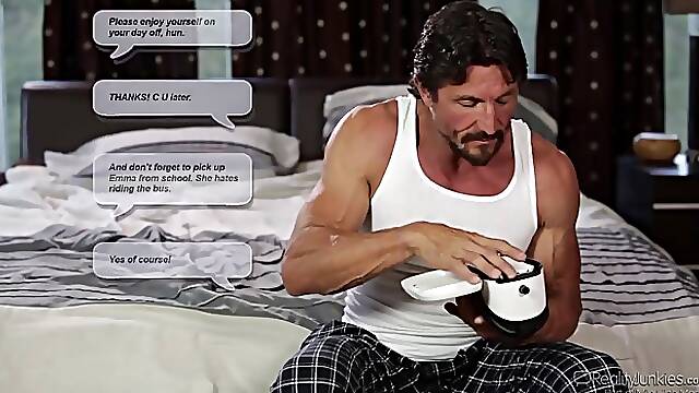 Slim blonde babe, Emma Hix is sucking and riding her married neighbor's cock, in his bedroom