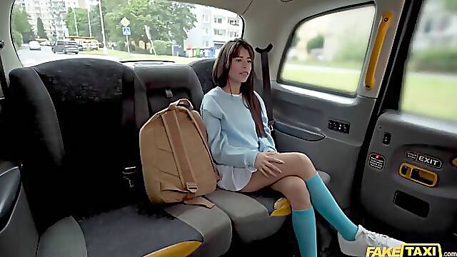 Small tits brunette babe Mells Blanco gets her shaved pusy railed in a fake taxi