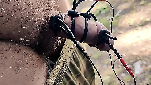 Outdoor public electro stimulation leads to a massive public cum session