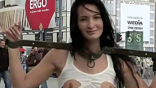 Shackled babe flashing in public