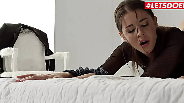 Hot submissive brunette Sybil tied up and loving it