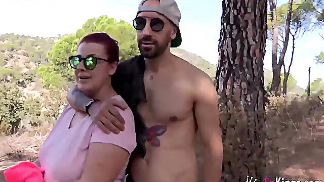Chubby Spanish couple in amateur lakeside threesome