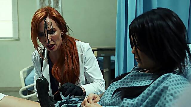 Four horny babes indulge in a wild reversed ride on the doc's giant dildos