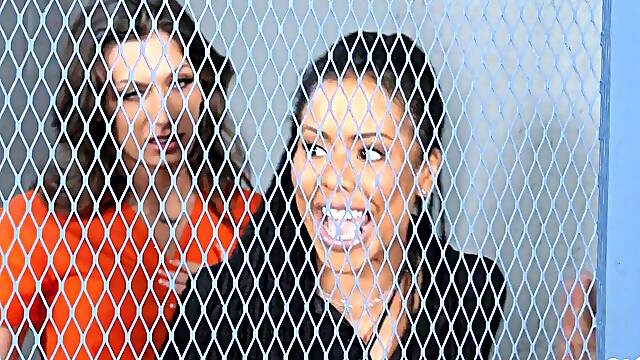 Locked Up And Horned Up - busty ebony Kira Noir ass fucking shemale babe with strapon in jail