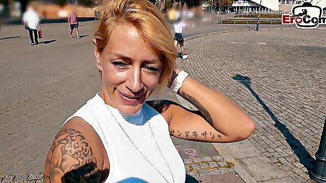 German blonde tattoo fitness slut picked up on street