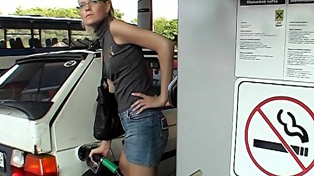 Slut at the gas station bathroom has gloryhole sex