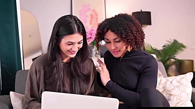 Slutty brunette hair invites her girlfriend over for a three-some with her spouse