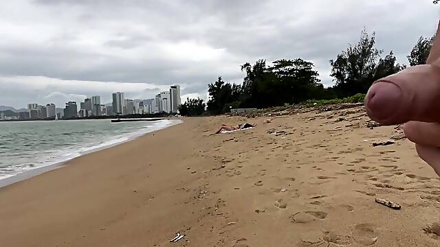 Hottie Can I Cum On Your Breasts? - Public Ramrod Flashing On The Beach