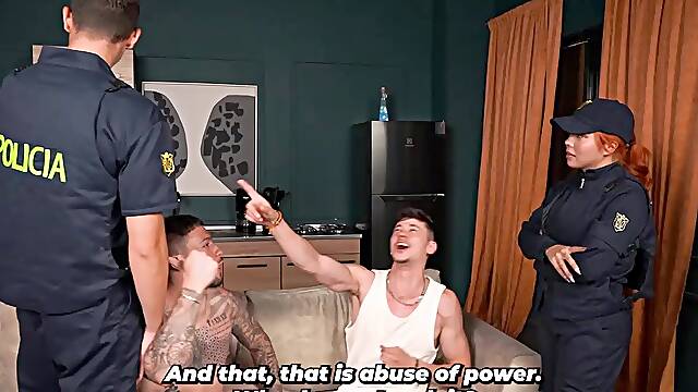 Police officers arrive to restore order in the apartment and end up joining in the pleasure.