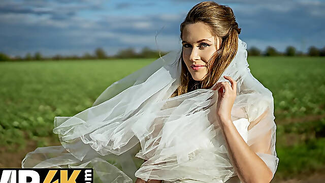 BRIDE4K. Lewd bride showed her ideal natural titties and twat to strangers