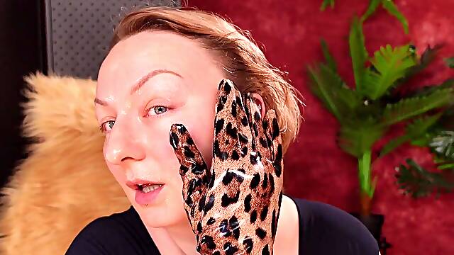 Lengthy Leather Gloves and Oily Face. ASMR. SFW movie scene.