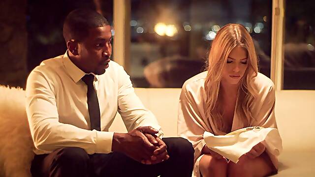 Skinny babe Leah Lee rides monster cock of Isiah Maxwell on the sofa.