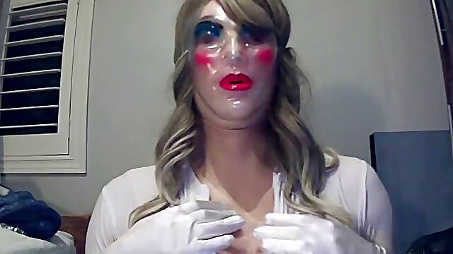 Masked Girl in milky Pt3! A shy hooded dame plays with her rubber pussy!
