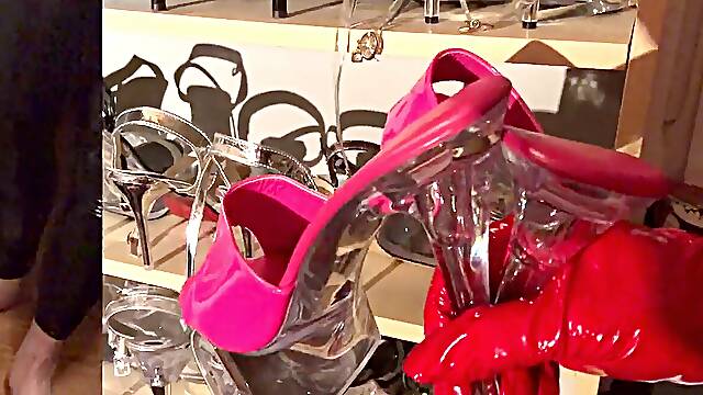 Jizm on pinkish and clear high heel fetish mules