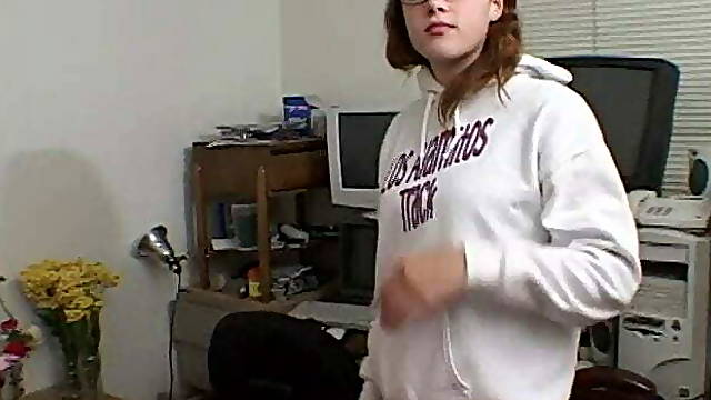 Young brunette with glasses sucks cock hard then rides it and gets jizzed 