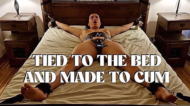 Tied to the bed and made to cum