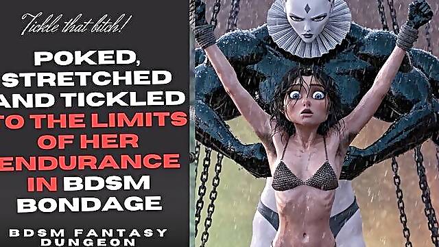 Naughty skinny hairy armpit Slave girl is poked and tickled hard in her boobs and belly amd pits to the limit of her endurance in BDSM bondage by mechanical mistress