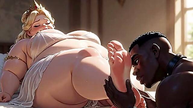 Blonde SSBBW Queen Gets Her Big Feet Licked by Black Slave - Intense Orgasm