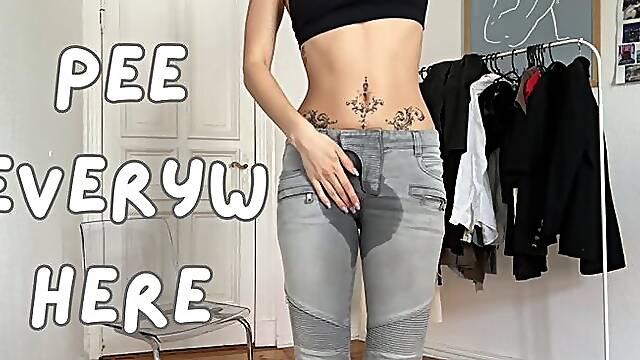 DESPERATE WETTING: Double Pee in Leather Leggings & Tight Jeans + Messy Creamy Finish