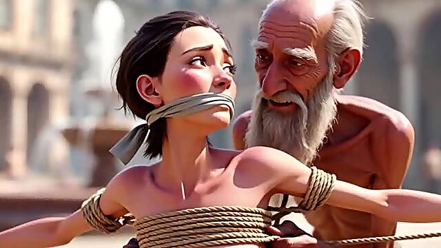 Public Street Bondage - Old Man Touching Helpless Horny Woman
