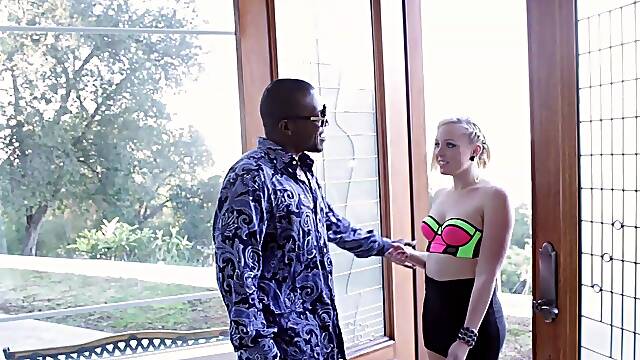 Blonde bombshell Miley May gets ravished by massive monster cock in a steamy interracial encounter