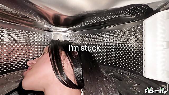 Stepson Fucked Stepmom While She in Inside of Washing Machine. Anal Creampie