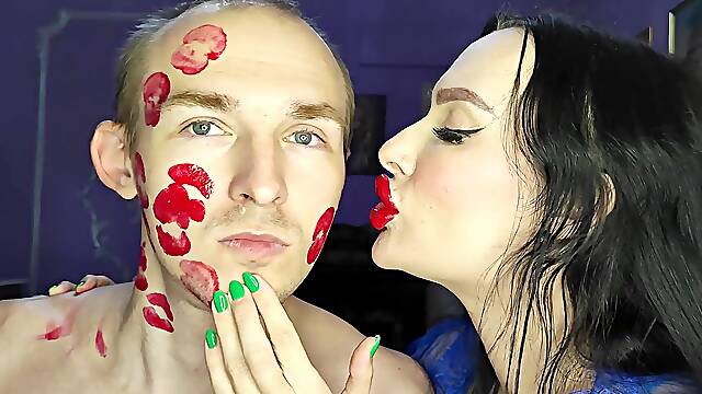 Sticky Juicy Red Lipstick Kisses All Over His Face