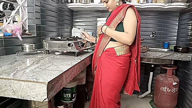 In the Kitchen, Stepbrother Fucks a Beautiful Stepsister in the Red Saree