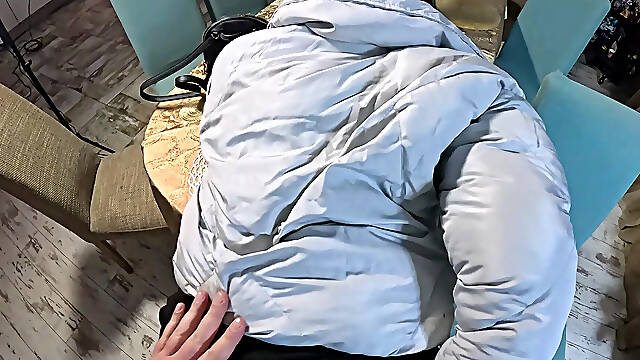 No-panties After Work - Blue Puffy Downjacket BJ, Doggystyle & Double Cum 333