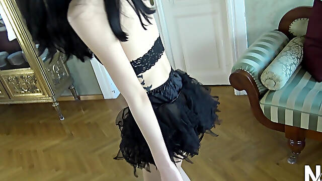 Beautiful and Skinny Babe Playing with Her Feet and Her Slave