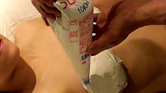 Home Made Personal Shooting Decorate the Boobs of a Busty Beauty with Fresh Cream and Lick off the Cream